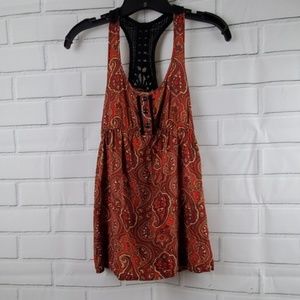 Speechless Red Gold Paisley + Black Crochet Shirt